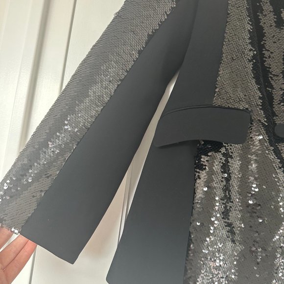 Cinq à Sept Sequins Blazer Jacket Complementary Satin Lapel Collar Black - Picture 7 of 8